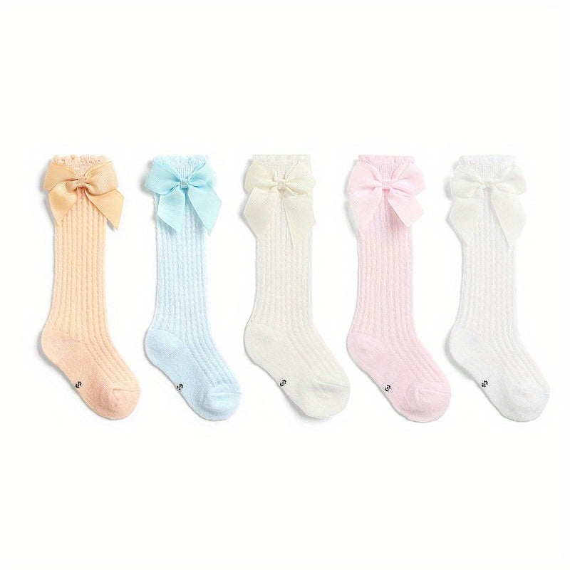 5 Pairs Casual Ruffled Bow Knit High Socks Girls Accessories
