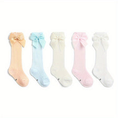 5 Pairs Casual Ruffled Bow Knit High Socks Girls Accessories