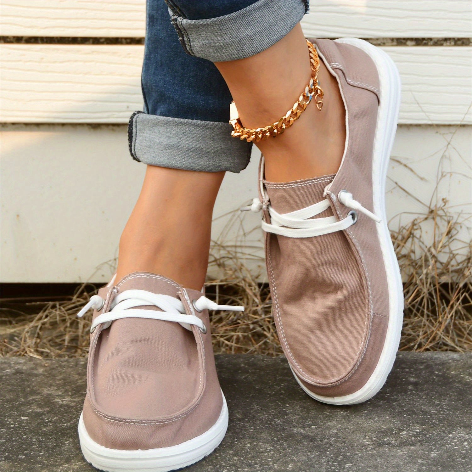 Women's Khaki Boat Shoes Platform Lace Up Canvas Sneakers