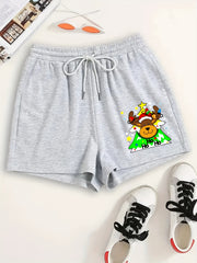 Reindeer & Snowflake Print Drawstring Shorts