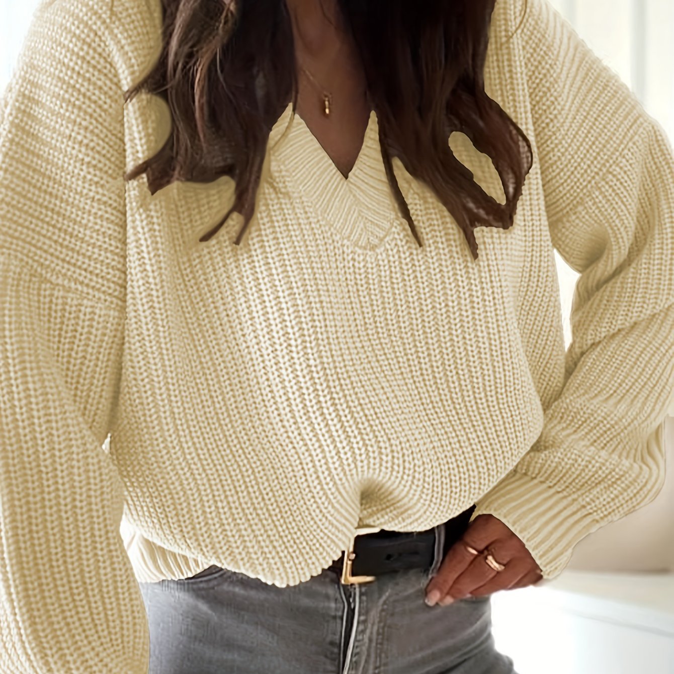Women's Plus V-Neck Sweater Solid Long Sleeve Pullover Jumper