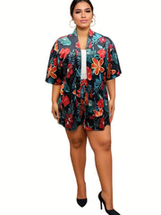 Women's Plus Tropical Print Robe & Shorts Set