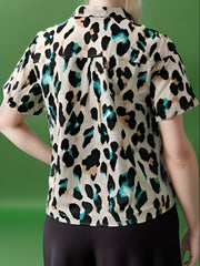 Women's Leopard Print Button-Up Short Sleeve Blouse
