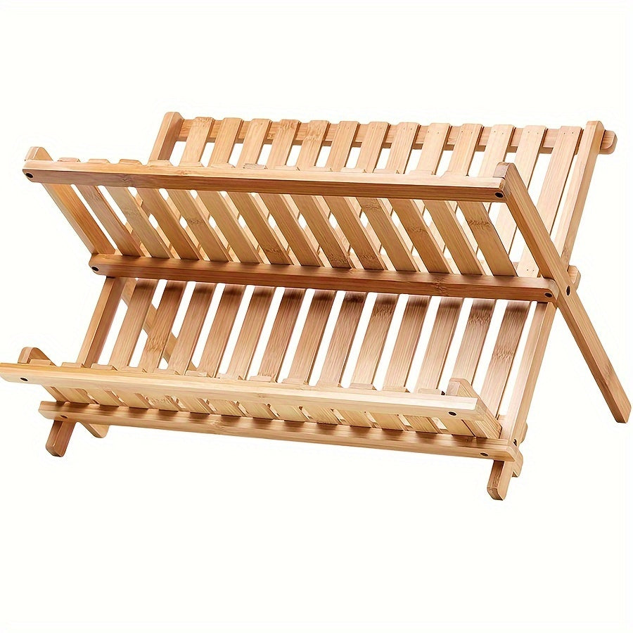 2 Tier Bamboo Dish Drying Rack Collapsible Foldable Kitchen Plate Drainer