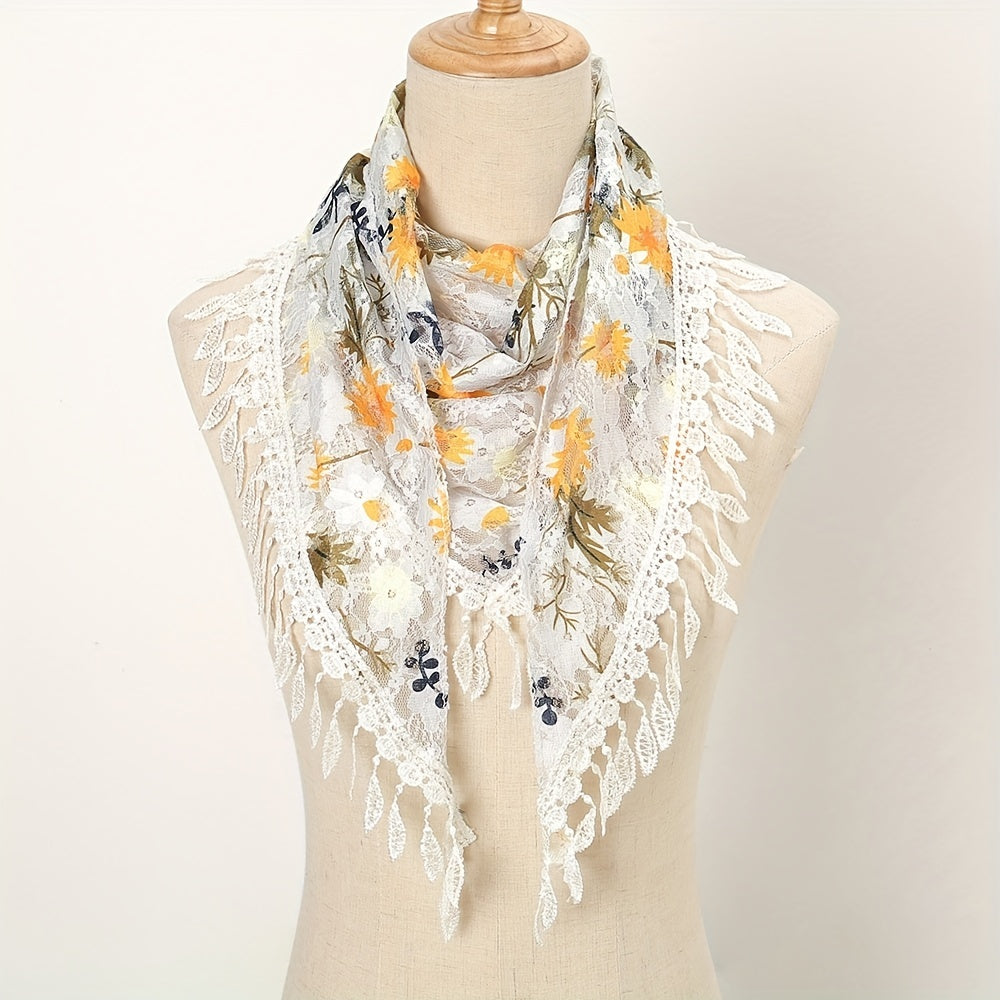 Flower Print Triangle Scarf Tassel Shawl
