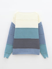 Colorblock Cutout Knitted Pullover Sweater V Neck Long Sleeve
