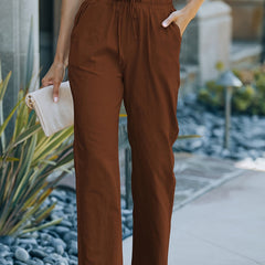 Drawstring Straight Leg Pants Casual Solid Elastic Waist Pocket Loose Pants