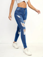 High Waist Skinny Jeans Solid Distressed Denim Pants