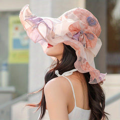 Flower Print Sun Hat UV Protection Bucket Hats Mesh Breathable Travel Beach