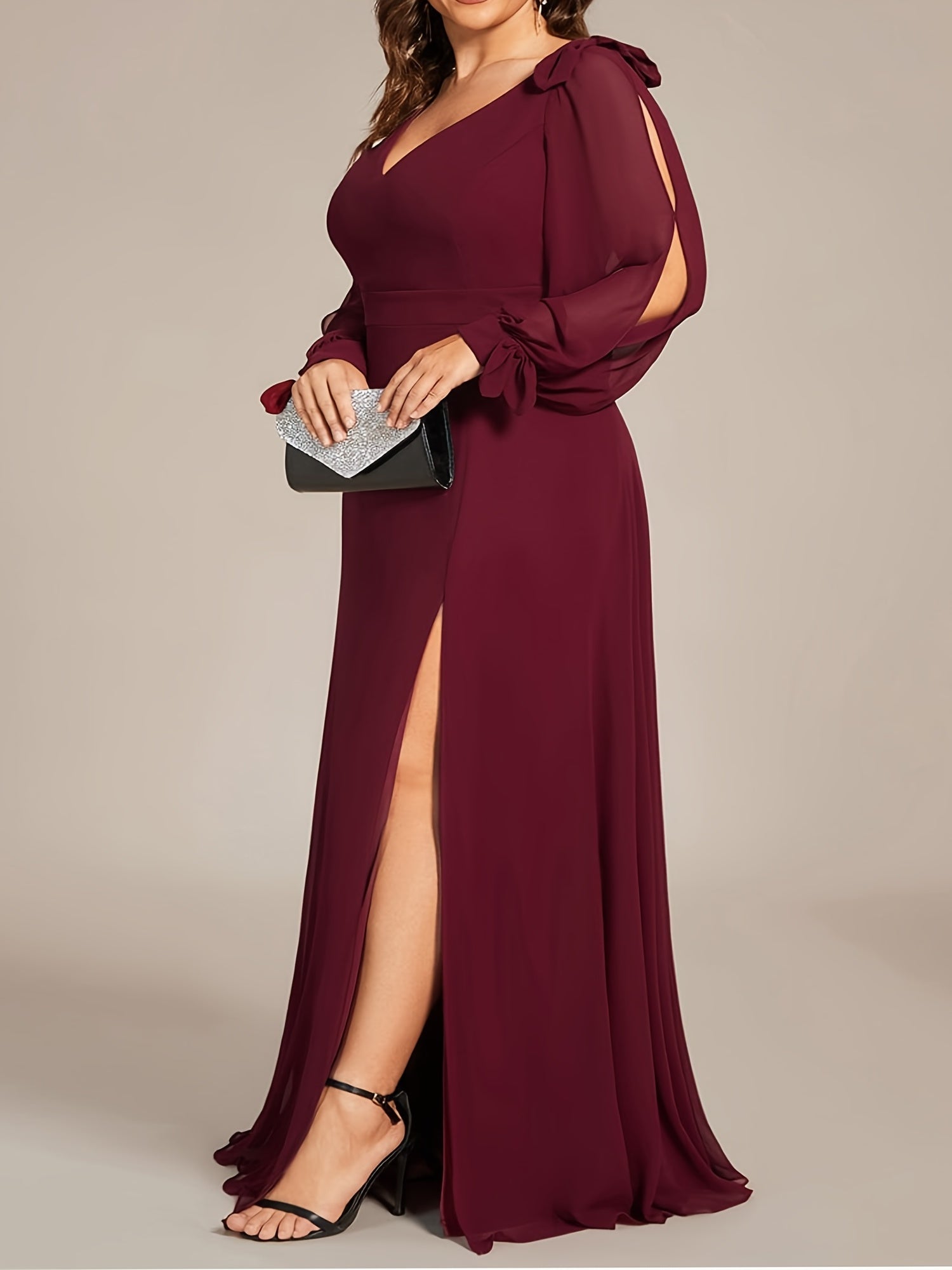 Split Sleeve V Neck Maxi Formal Dress