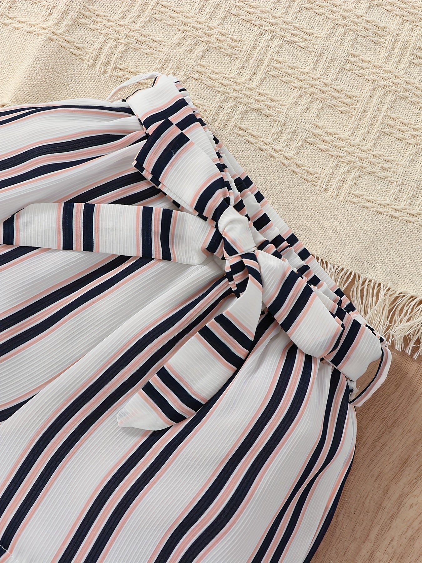 Girls Ruffled Cami Top & Striped Bow Belt Shorts Set