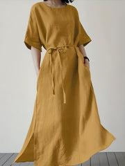 Women's Plus Solid Batwing Sleeve Round Neck Side Split Maxi Dress