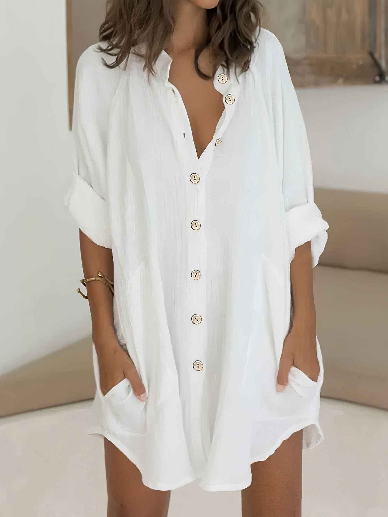 Solid Long Sleeve Button Up Blouse