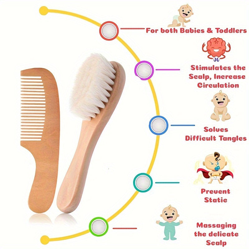 2pcs Natural Wooden Hair Brush & Comb Set, Soft Goat Hair Massage Comb