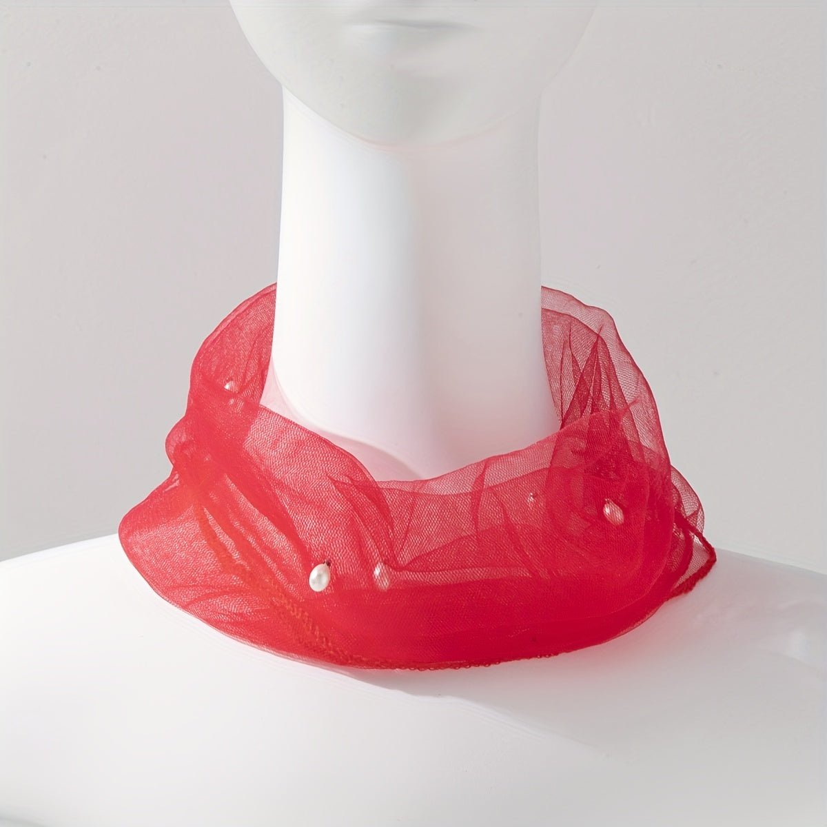 Pearl Decor Infinity Scarf Ruffles Thin Gauze Neck Gaiter Decorative Tulle Scarf