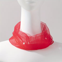 Pearl Decor Infinity Scarf Ruffles Thin Gauze Neck Gaiter Decorative Tulle Scarf