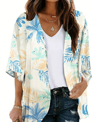 Tropical Print Cover Up Shirt V Neck Loose Fit Beachwear Women's Swimwear