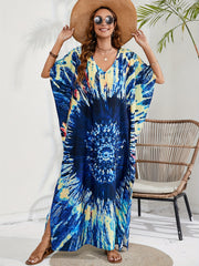 Plus Tie Dye Batwing Sleeve V Neck Maxi Split Kaftan Cover Up Dress
