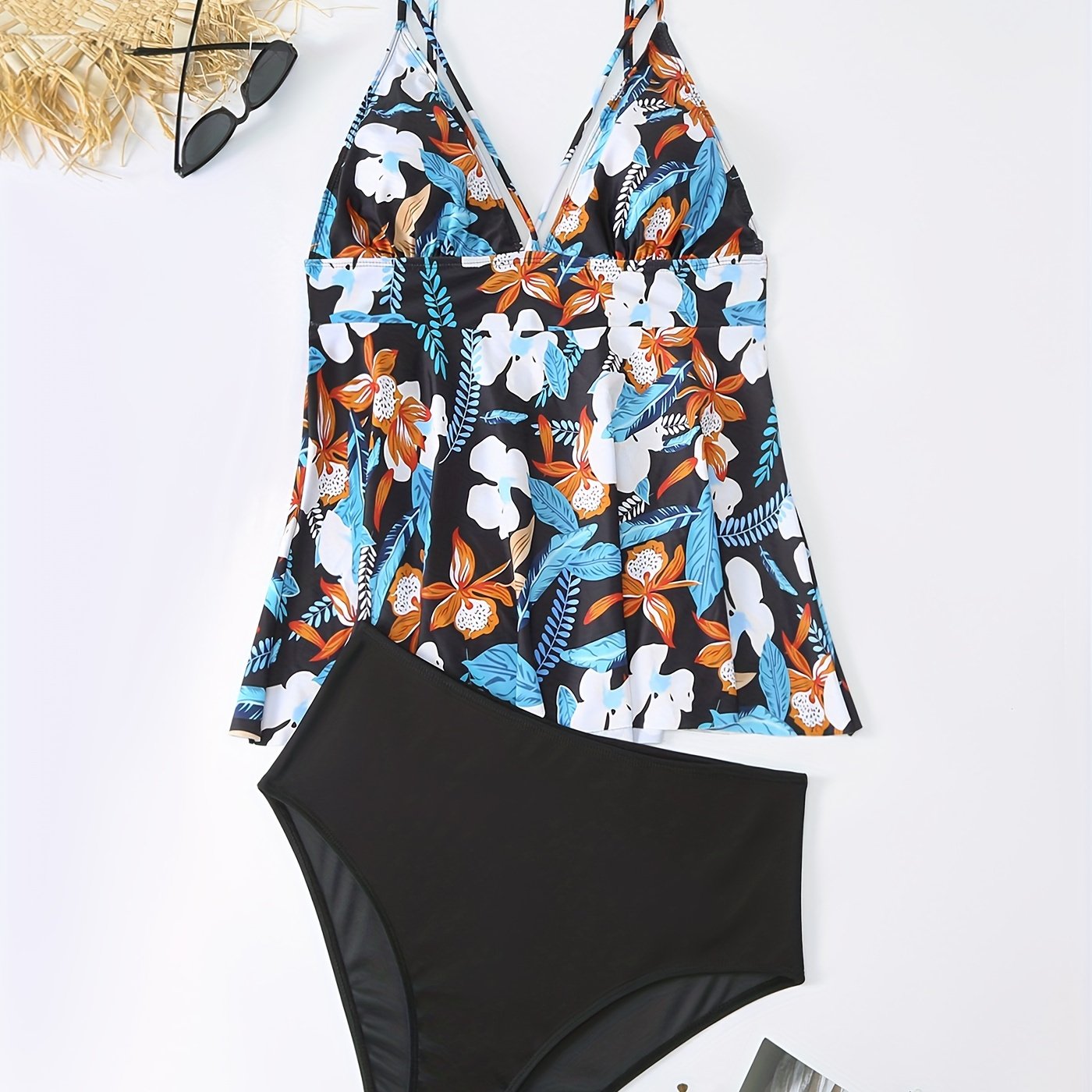 Retro Tankini Set Women's Plus Floral Print V Neck Strappy Cami Top