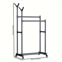 Double pole Coat Rack With Pulley 2 layer Clothes Rack Floor standing Coat Rack