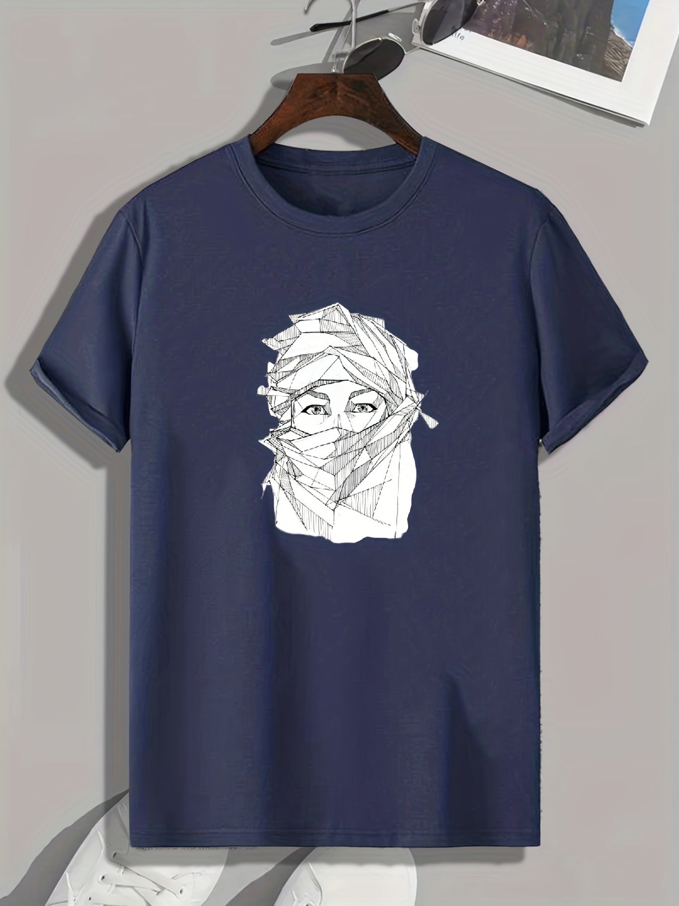 Masked Man Sketch Print Men's Comfy T shirt Active Slightly Stretch