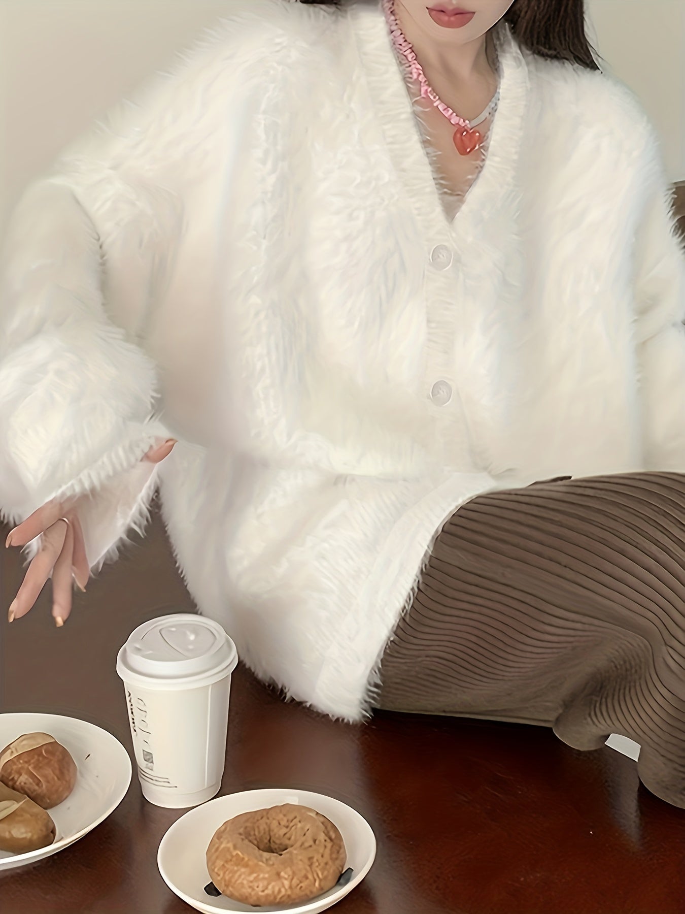 Fuzzy Button Front Knit Cardigan V Neck Long Sleeve Sweater