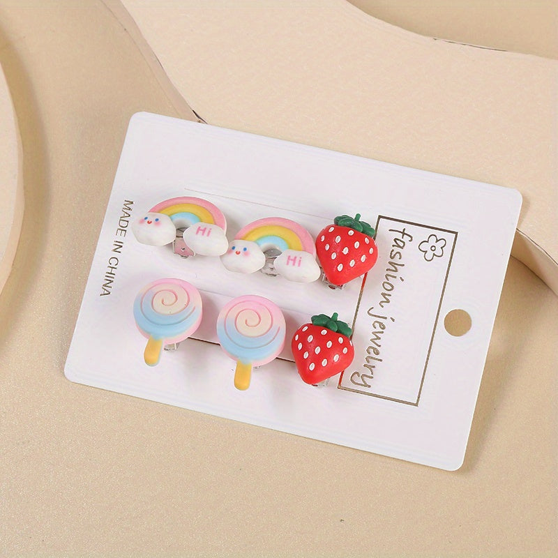 3 Pairs Rainbow & Strawberry Clip On Earrings Teen Party Accessories