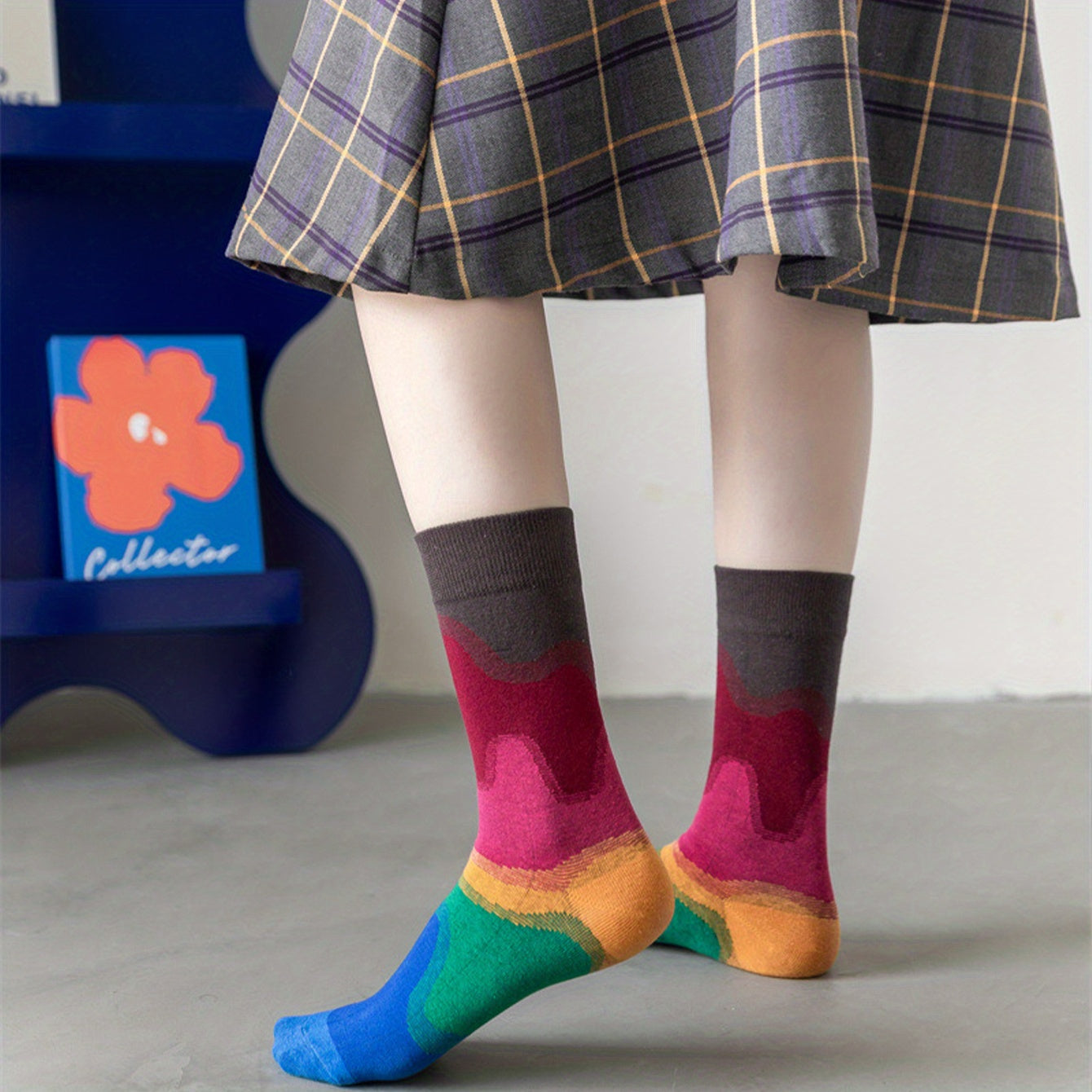 Colorblock Crew Socks Funny Print Mid Tube Stockings