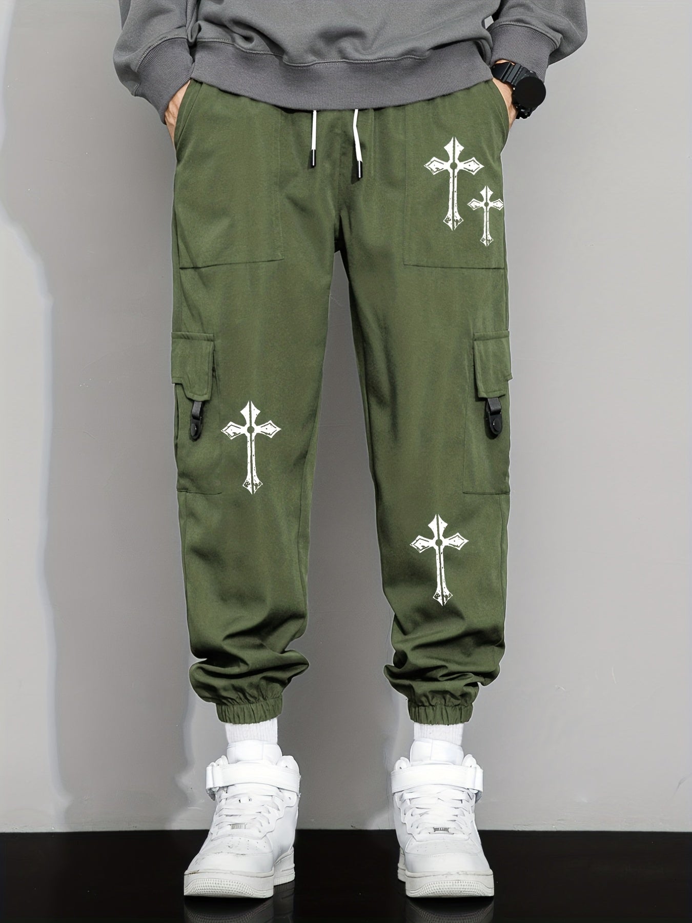 Cross Pattern Drawstring Cargo Pants Men's Joggers