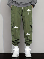 Cross Pattern Drawstring Cargo Pants Men's Joggers