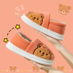 Cartoon Bear Print Slippers Round Toe Low Fluffy Warm Shoes