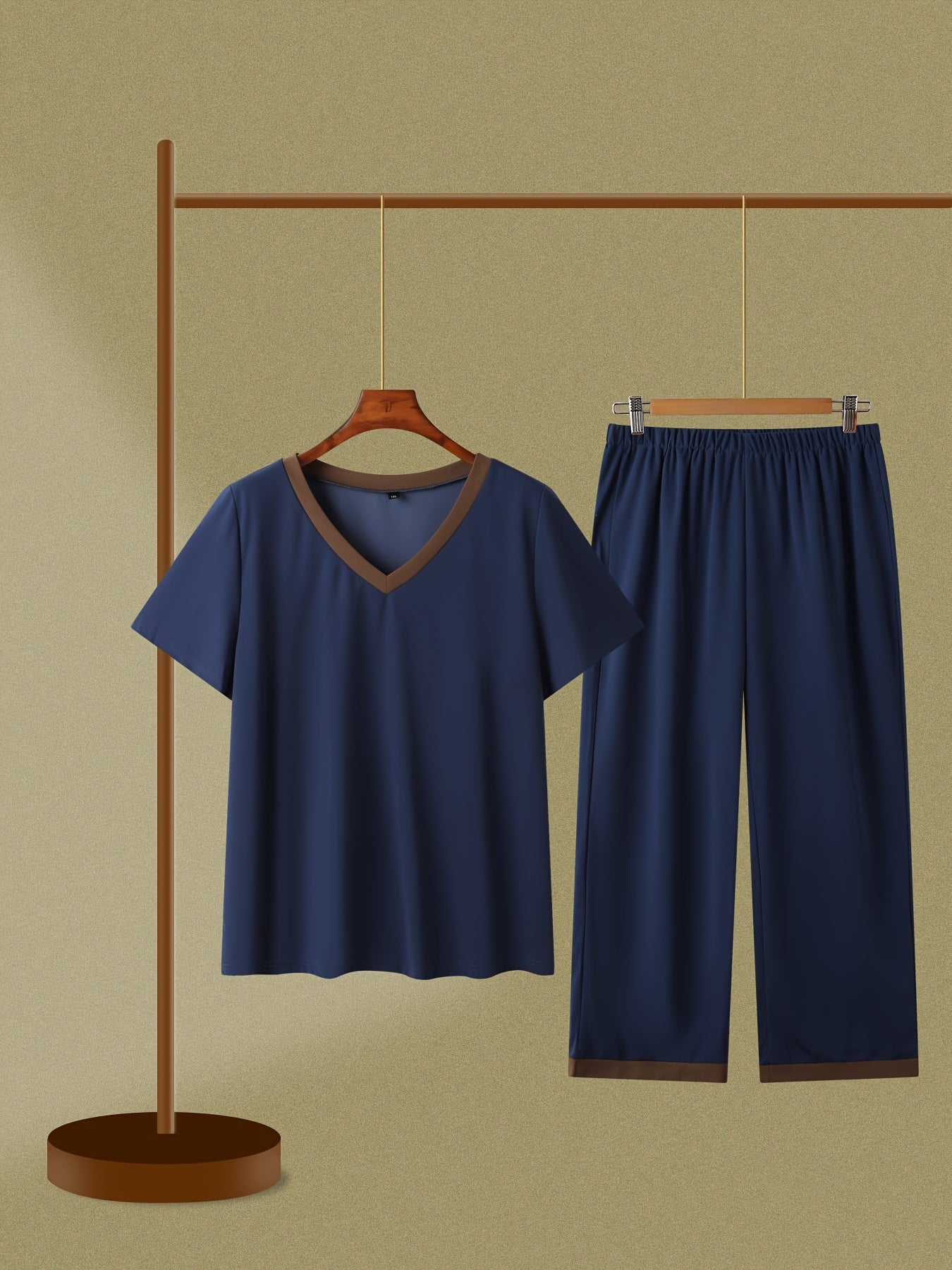 Colorblock V Neck Top & Wide Leg Pants 2 Piece Set