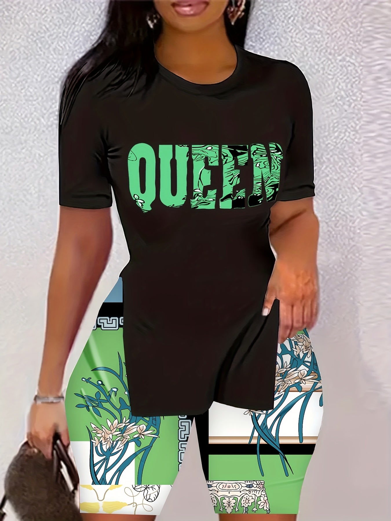 Letter Print 2pc Set Split T-shirt & Biker Shorts Outfits Women's Clothing