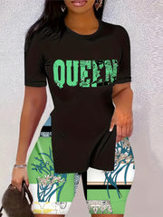 Letter Print 2pc Set Split T-shirt & Biker Shorts Outfits Women's Clothing