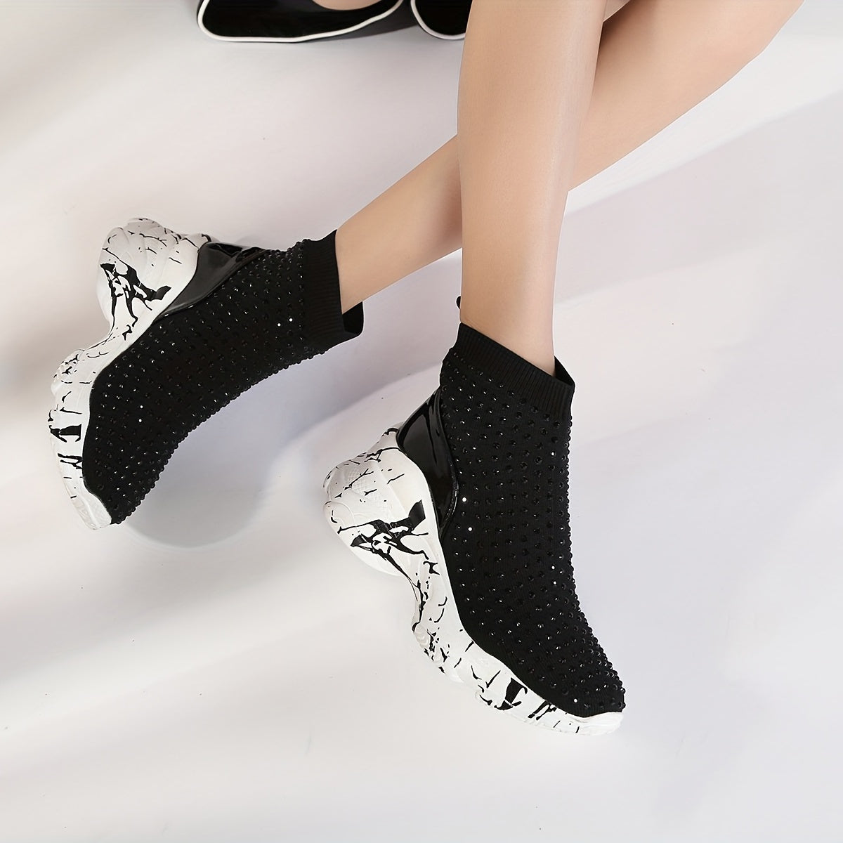 Women's Rhinestone Platform Boots High Top Wedge Sneakers Stretch Sock Boots