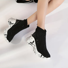 Women's Rhinestone Platform Boots High Top Wedge Sneakers Stretch Sock Boots