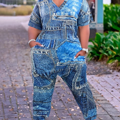 Denim Print V Neck Short Sleeve Jumpsuit With Pockets