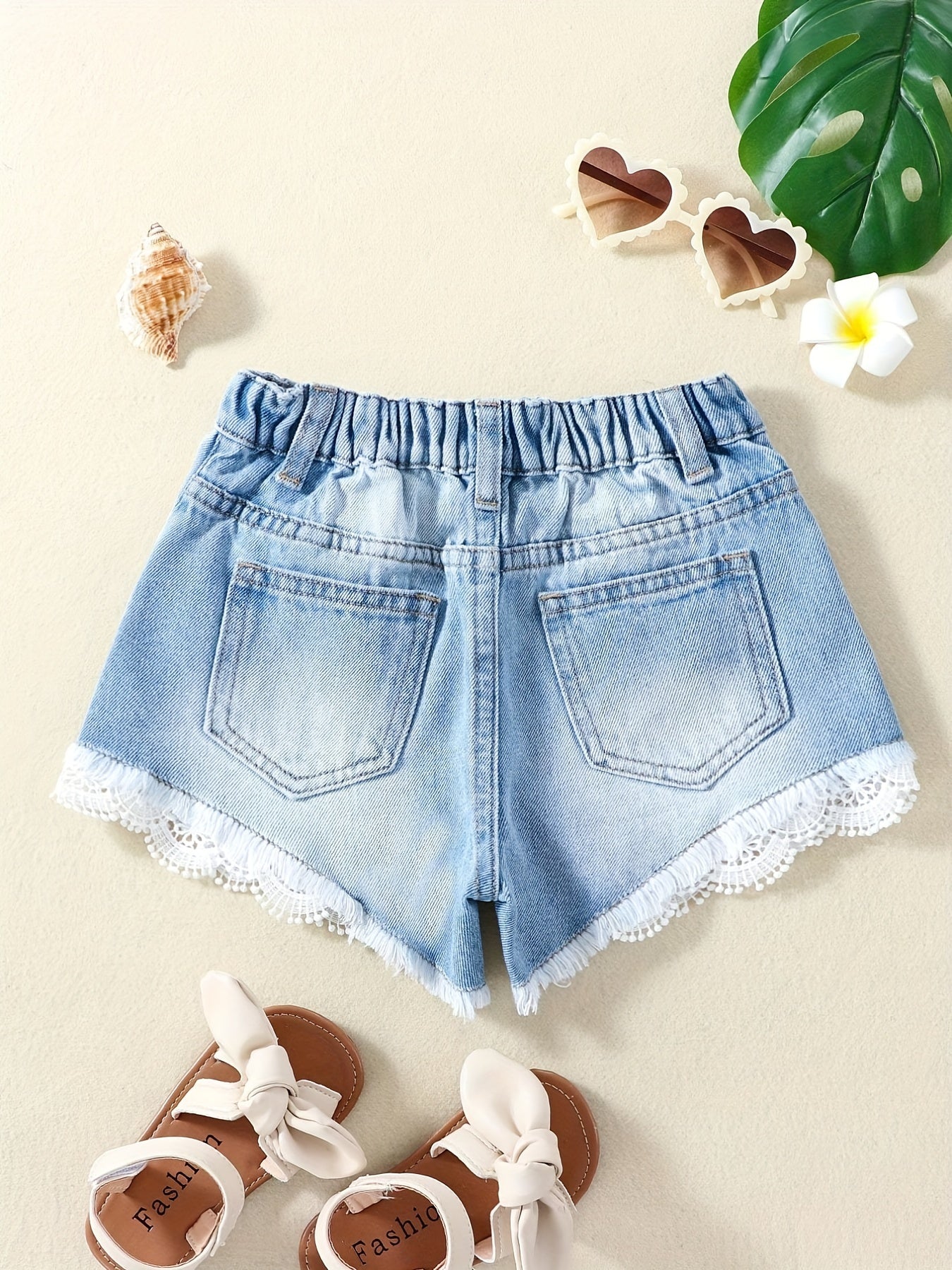 Toddler Girls Lace Denim Shorts Elastic Waist Regular Fit Jean Shorts