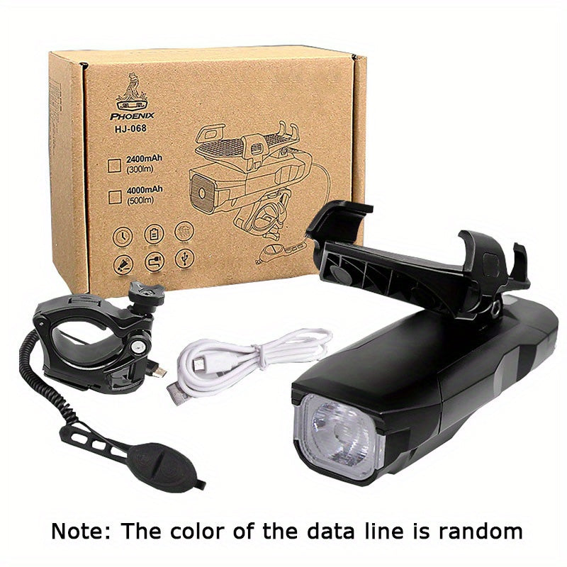 USB Rechargeable Bike Headlight with Phone Holder Horn Waterproof 4000mAH