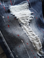 Men's Ripped Splash Print Denim Jeans Vintage Royal Straight Fit Shorts