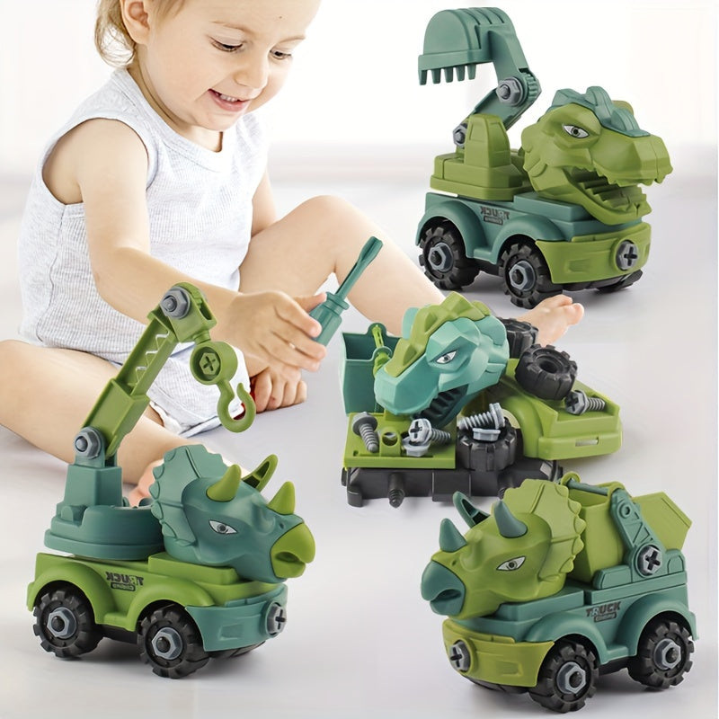 4pcs Dino Assembly Engineering Car Toy Disassembly T-Rex Triceratops Excavator
