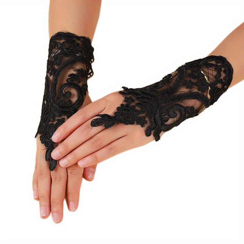 Vintage Lace Embroidery Gothic Fingerless Gloves for Women Girls