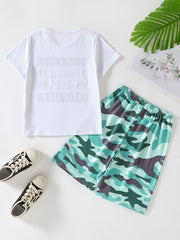 Boys Slogan Print T Shirts & Camo Shorts Set Kids Summer Clothes