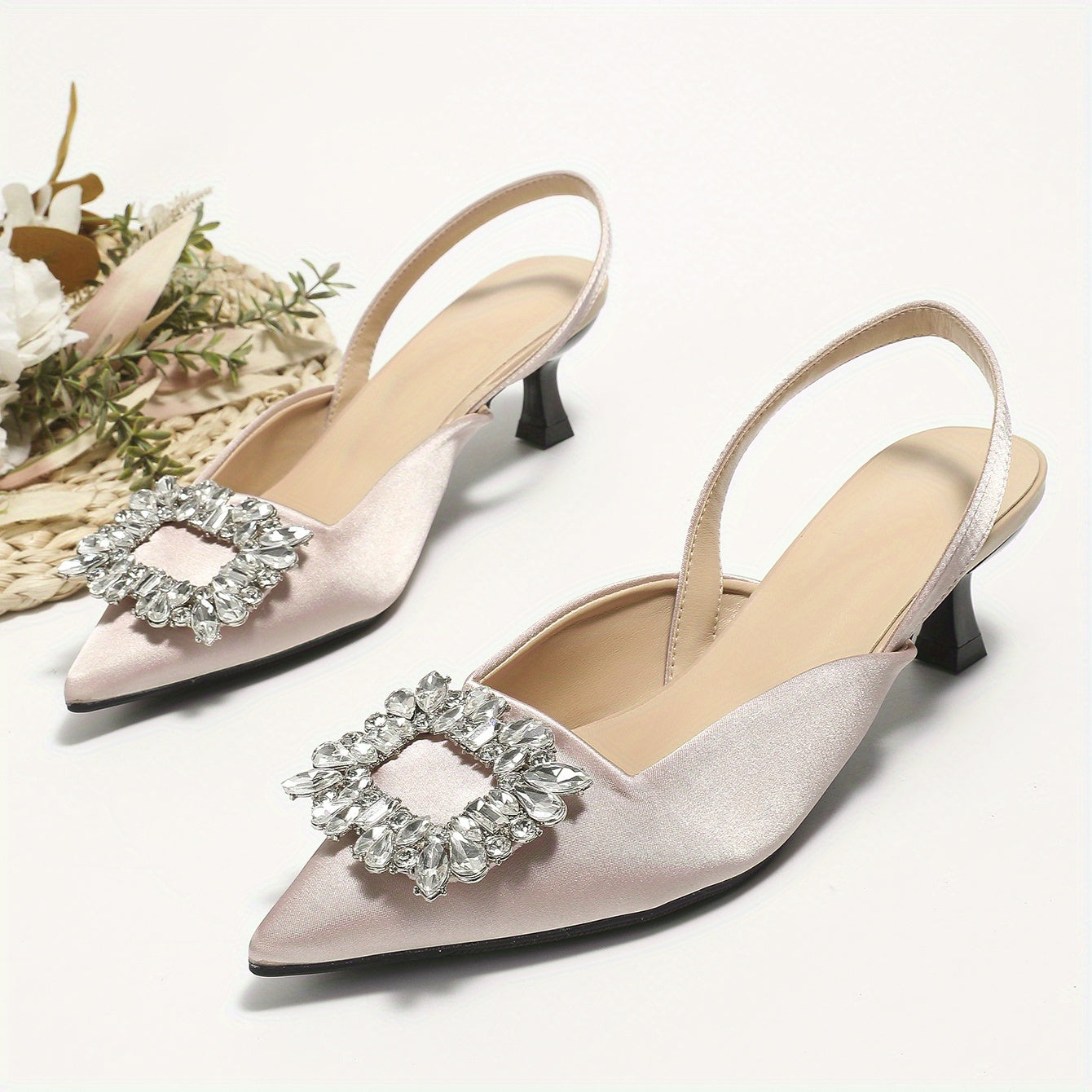 Rhinestone Kitten Heel Satin Sandals
