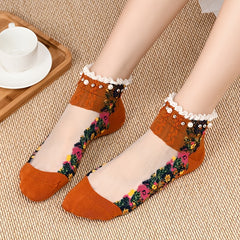 Faux Pearl Lace Trim Ankle Socks Soft Women's Stockings