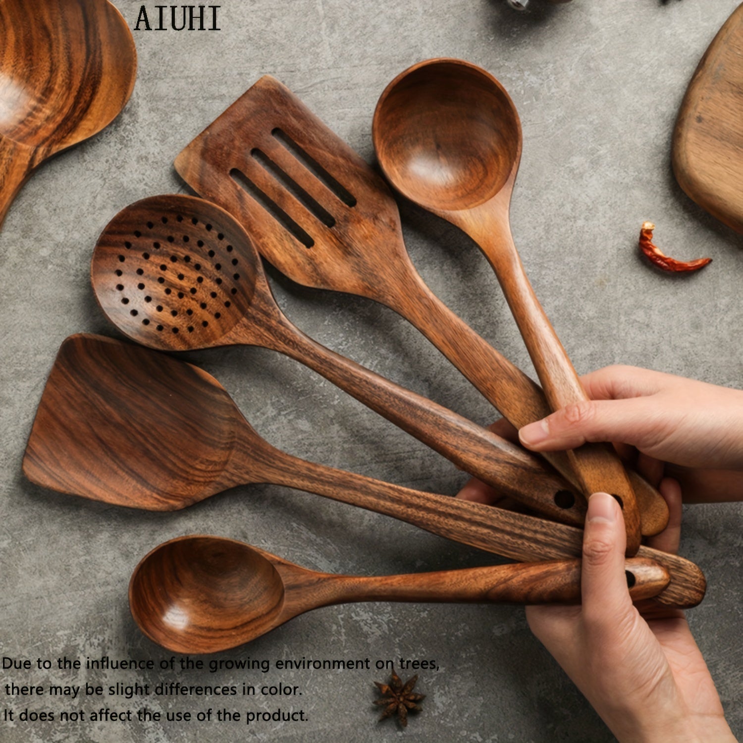 5pcs Teak Wooden Kitchen Utensil Set Skimmer Spoon Wood Turner Cutlery