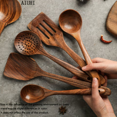 5pcs Teak Wooden Kitchen Utensil Set Skimmer Spoon Wood Turner Cutlery