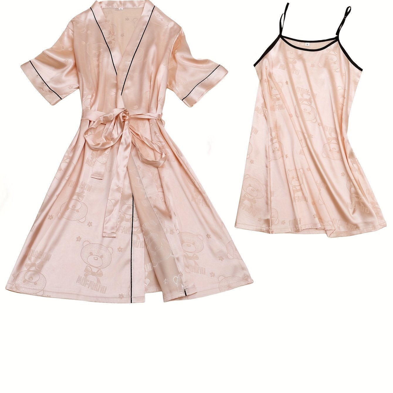 Bear & Floral Print Satin Pajamas Set