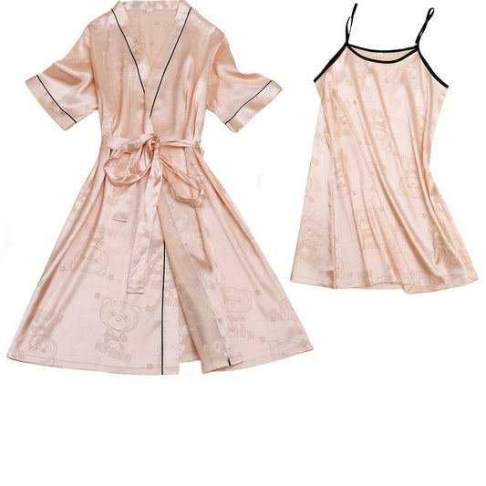 Bear & Floral Print Satin Pajamas Set