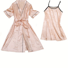 Bear & Floral Print Satin Pajamas Set